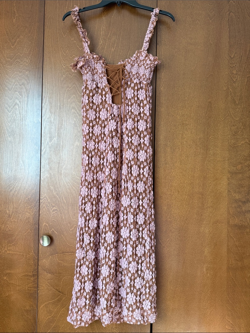 Free People Lucinda Lace Pink and Ginger Back Lace-Up Midi Dress NWT Sz M - Picture 7 of 12